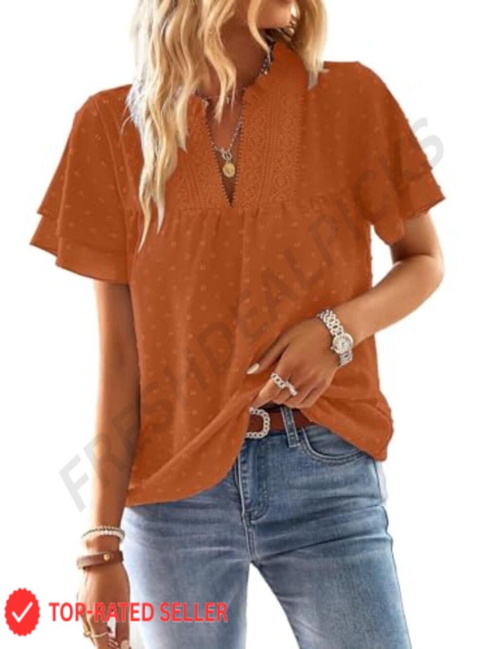 Womens V Neck Crochet Lace Blouse Short Sleeve Casual Top